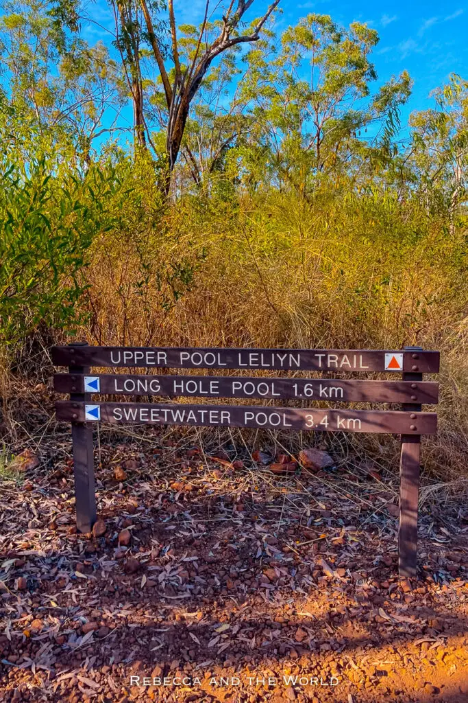 A brown wooden trailhead sign indicating directions and distances to various pools and trails, set against a backdrop of dense bushland. These are the trails at the Leliyn (Edith Falls) section of Nitmiluk National Park.