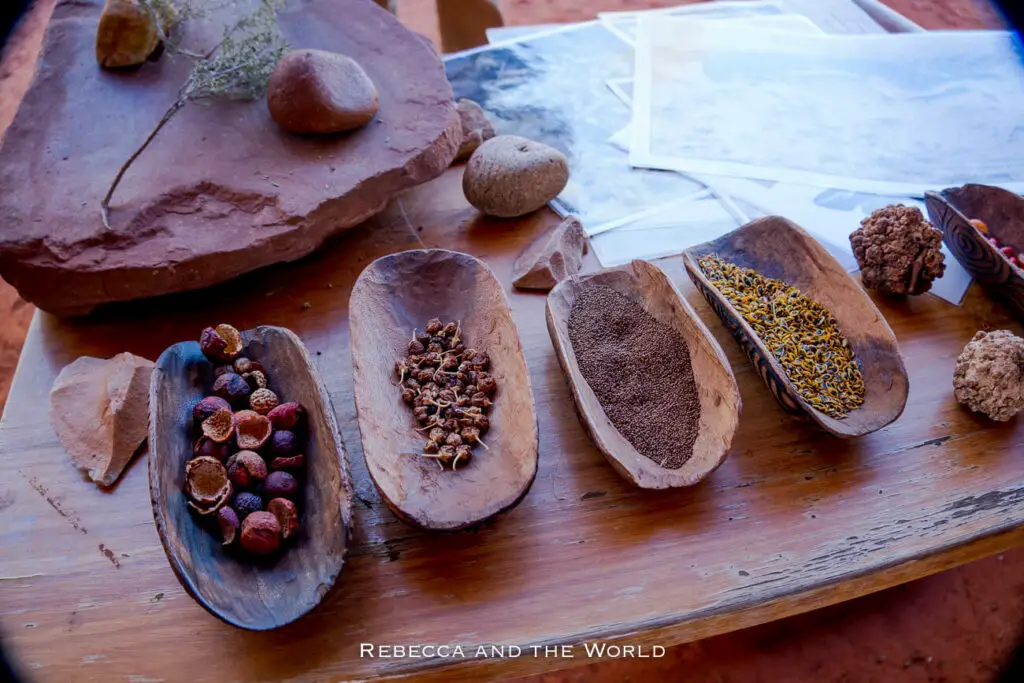 A display of traditional indigenous Australian food items placed on carved wooden dishes and a flat stone. The items include various seeds, nuts, and grains. Learn about Indigenous survival methods at the Alice Springs Desert Park.