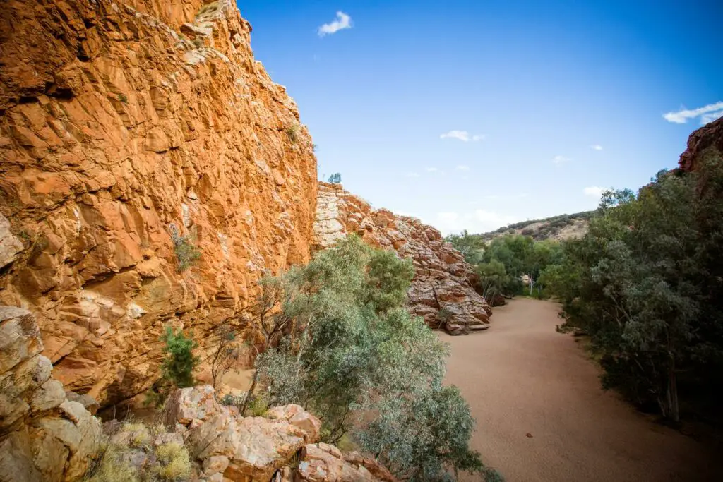 A wide dirt path in a gorge with towering red rock walls on one side and sparse green vegetation under a clear blue sky. This is Emily's Gap in the East MacDonnell Ranges just outside of Alice Springs in the Northern Territory.