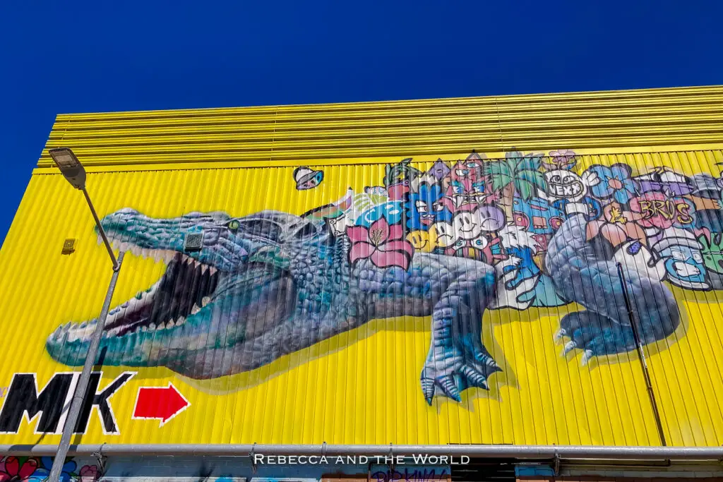 A colourful mural of a cartoon-style crocodile on the side of a yellow building. The crocodile is depicted with wide-open jaws, and the mural includes various playful characters and shapes around it. One of the best things to do in Darwin is hunt for street art.