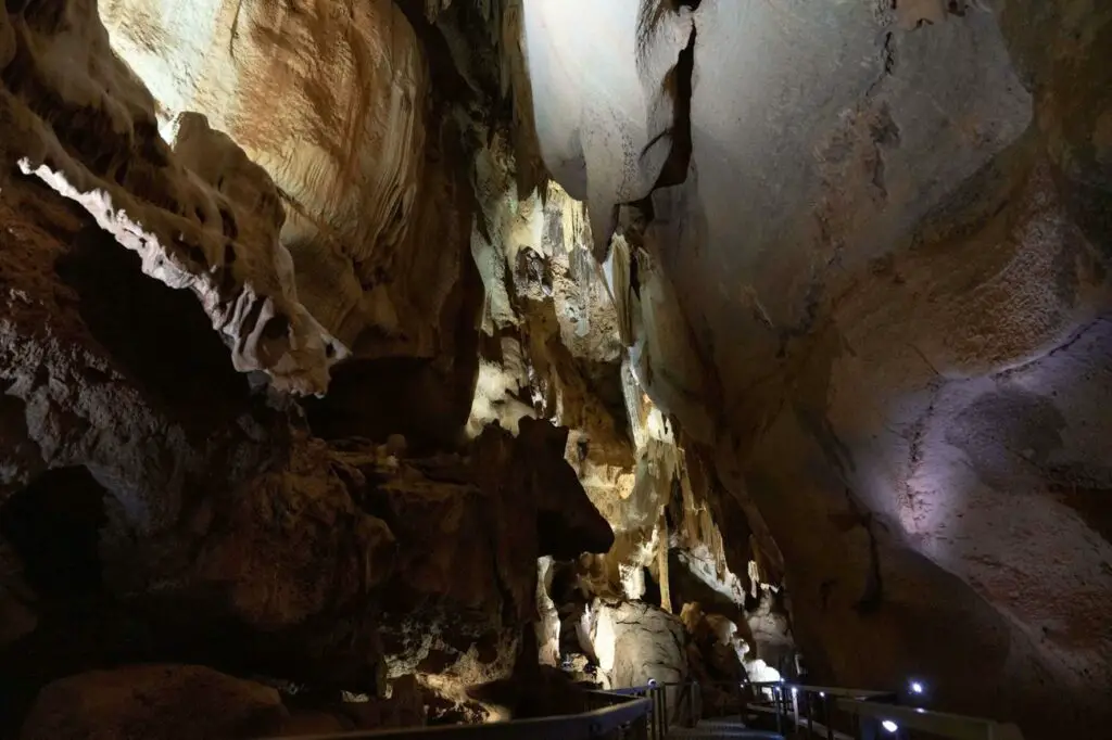 Inside the spacious Cutta Cutta Caves in Katherine, Northern Territory, illuminated by artificial lighting. The cave has a variety of rock formations, including stalactites and stalagmites. The textures of the cave walls vary, with some smooth areas and others rough and jagged. A walkway with handrails provides a safe path for visitors to explore the cave's interior.