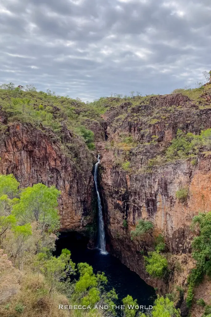A vertical image showcasing a tall waterfall cascading down a steep, rocky cliff into a deep, circular pool surrounded by lush greenery. The sky is overcast, and the cliff's rich brown and orange hues stand out against the gray clouds. This is Tolmer Falls in Litchfield National Park in the Northern Territory.