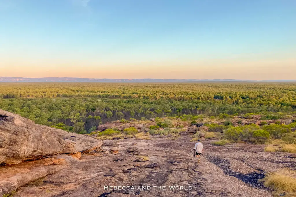 A lone individual - the author's husband - walks on a rocky path in Kakadu National Park with expansive views of a dense forest canopy stretching to the horizon under a soft twilight sky. This is Nawurlandja, a great place for sunset.