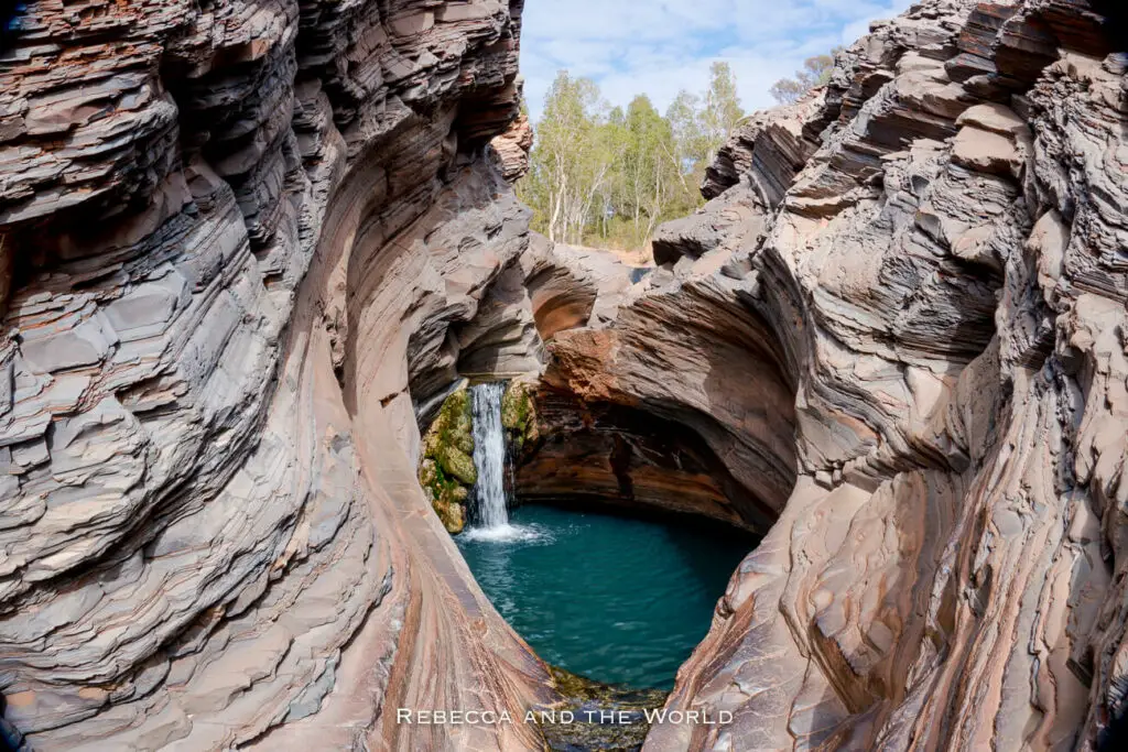 A secluded natural pool at the bottom of a curved rock formation resembling an amphitheater, with water cascading from a small waterfall. This is the "Spa Pool" in Hamersley Gorge in Karijini National Park, one of Western Australia's most beautiful national parks.