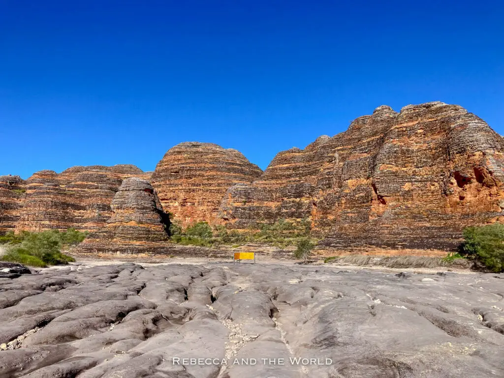 Iconic Bungle Bungle Range in Purnululu National Park, with beehive-striped rock formations under a bright blue sky.
