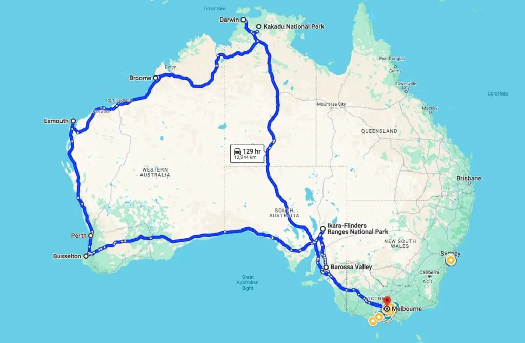 A map showing the half lap of Australia itinerary for a road trip around the north and west of Australia