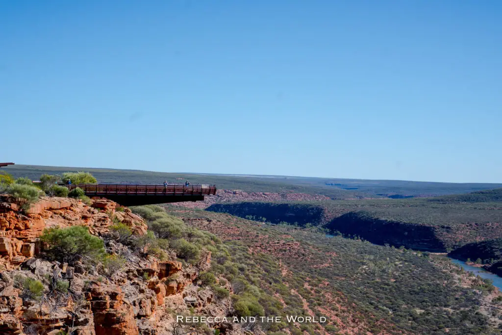 The Kalbarri Skywalk offers sweeping views of the rugged landscape in Kalbarri National Park, Western Australia. The cantilevered platform extends out over the cliff's edge, allowing visitors to take in panoramic vistas of the Murchison River and the surrounding outback scenery.