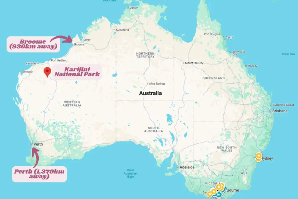 Map of Australia showing the location of Karijini National Park, with comparisons to Broome and Perth to show how remote the national park is.