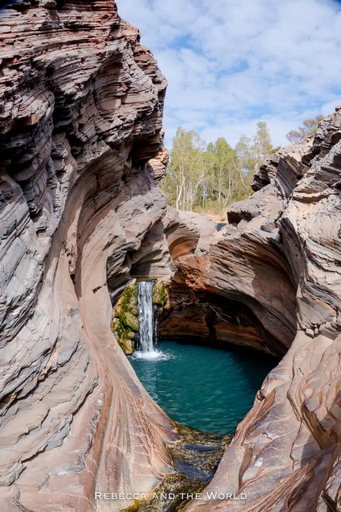This image captures a stunning natural rock formation in Karijini National Park, known as Spa Pool at Hamersley Gorge. The narrow gorge is lined with smooth, layered rock walls that curve dramatically around a small waterfall cascading into a serene, turquoise pool below. The rocks are a mixture of red, orange, and grey hues, showcasing the geological history of the area. Above, the blue sky and scattered clouds are visible, along with a few trees on the cliff's edge, adding a touch of greenery to the stark landscape.