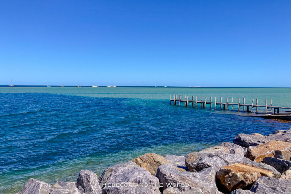 The image features a calm, expansive view of the ocean at Denham, a coastal town in Shark Bay, Western Australia. The water transitions from deep blue in the foreground to a lighter, turquoise hue in the distance. Several boats are anchored near the horizon, and a wooden pier extends into the water from the rocky shoreline.