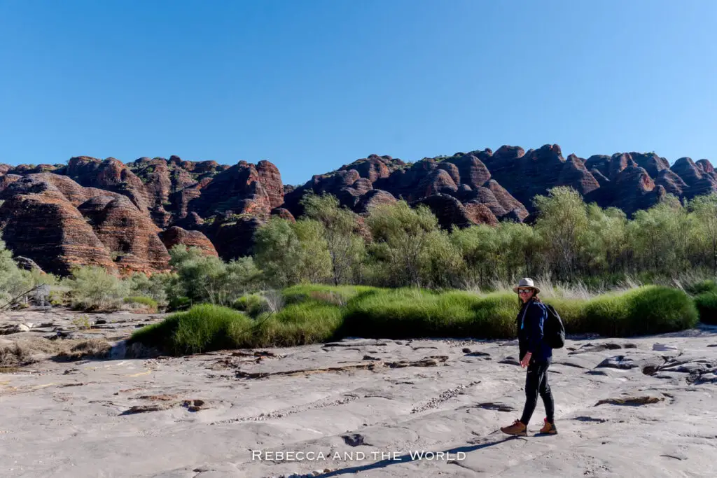 A hiker - the author of this article - walking through the Bungle Bungle Ranges in Purnululu National Park, with the beehive-shaped domes forming a dramatic backdrop. The foreground features patches of green grass and small shrubs, highlighting the park’s rugged yet vibrant environment.