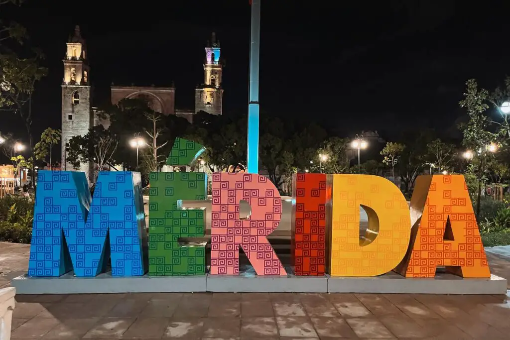 Colorful “Mérida” sign in the city’s main square at night, a photo spot for visitors exploring the capital of Yucatan.