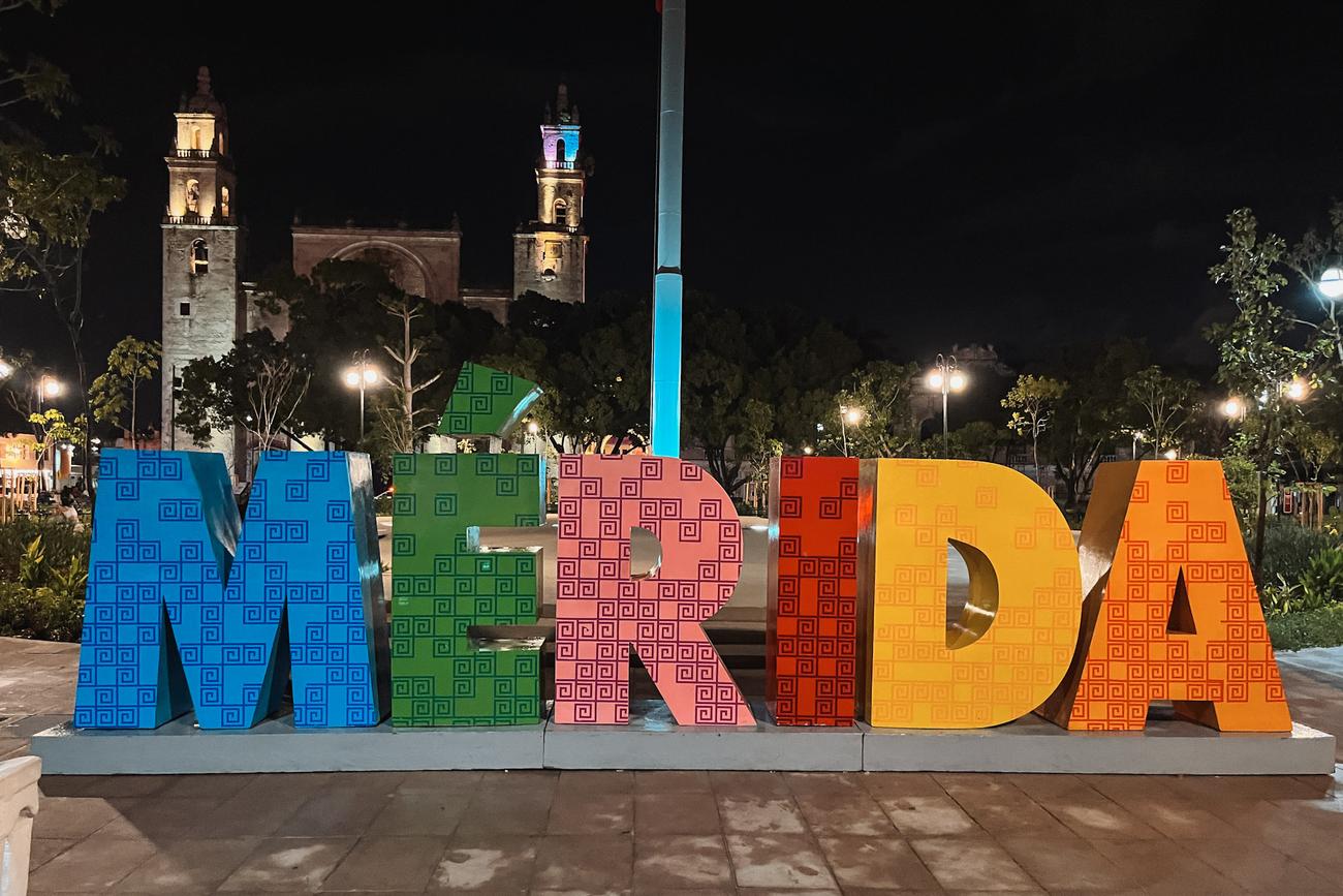 Colorful “Mérida” sign in the city’s main square at night, a photo spot for visitors exploring the capital of Yucatan.