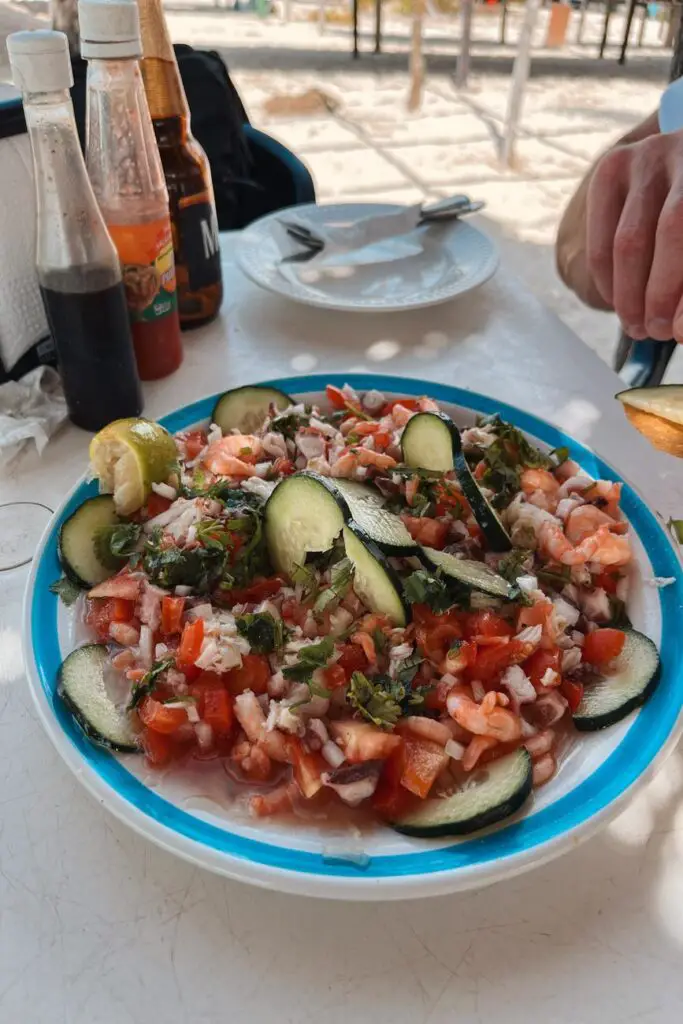 Plate of fresh seafood ceviche with lime and cucumber in Celestun, a classic coastal dish to try in the Yucatan.