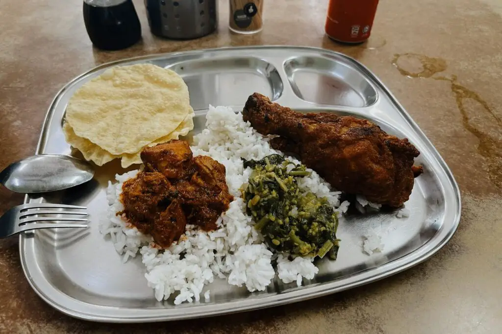 A metal tray filled with white rice, spicy chicken curry, sautéed greens, a large piece of fried chicken, and crispy papadum, served in a casual local eatery in Gemas, Malaysia. Lunch for the author of this article while travelling from Singapore to Bangkok by train.