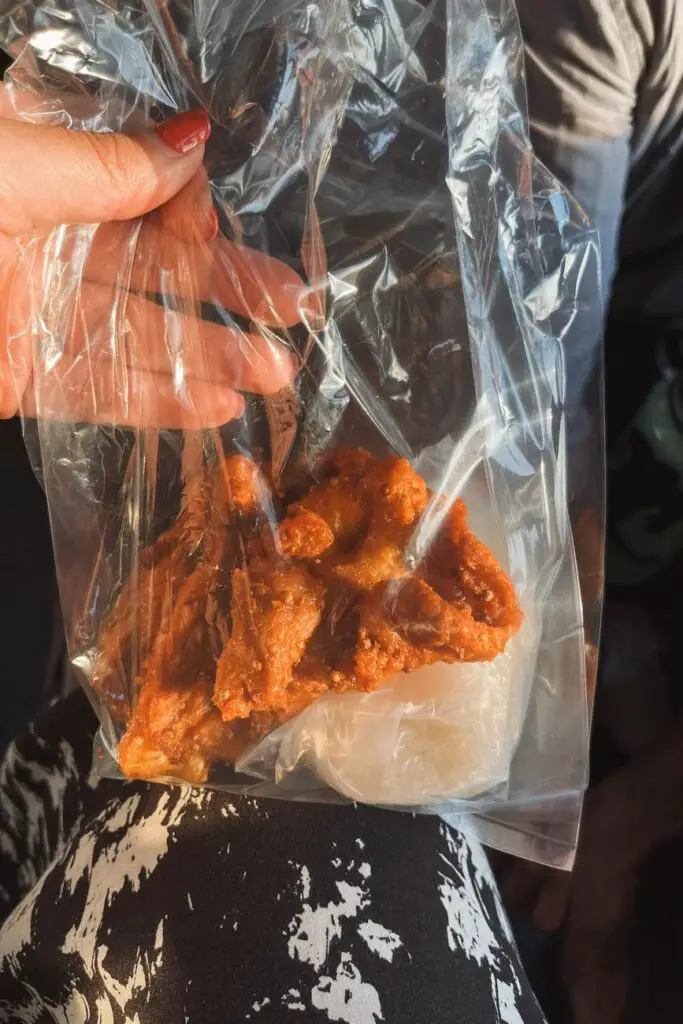 A hand holding a plastic bag containing freshly fried chicken pieces, bought from a vendor during the train journey, resting on the person's lap.