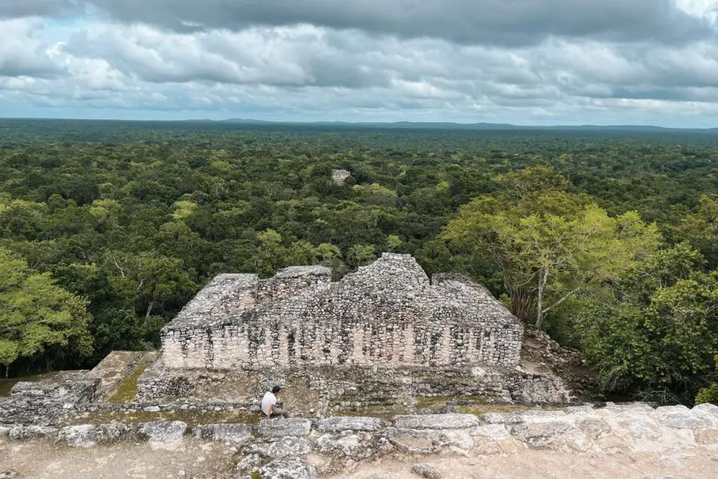View from the top of an ancient Mayan ruin at Calakmul, looking over dense jungle in southern Yucatan.