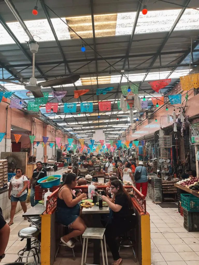 Bustling food section of Mercado Lucas de Galvez in Merida, a lively and historic market.