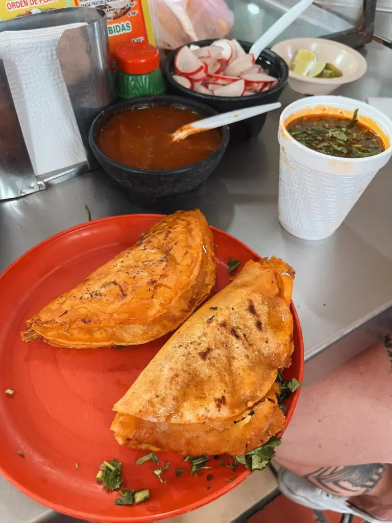 Two crispy birria tacos on a red plate, served with a cup of consomé, radishes, salsa, and lime—classic Guadalajara street food.