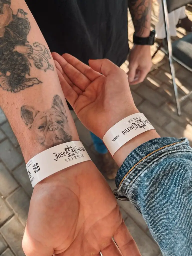 Two people wearing Jose Cuervo Express wristbands, indicating their participation in the luxury tequila train experience from Guadalajara to Tequila.