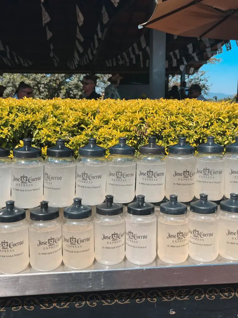A row of branded water bottles filled with tequila cocktails on a counter at the Jose Cuervo Express experience.