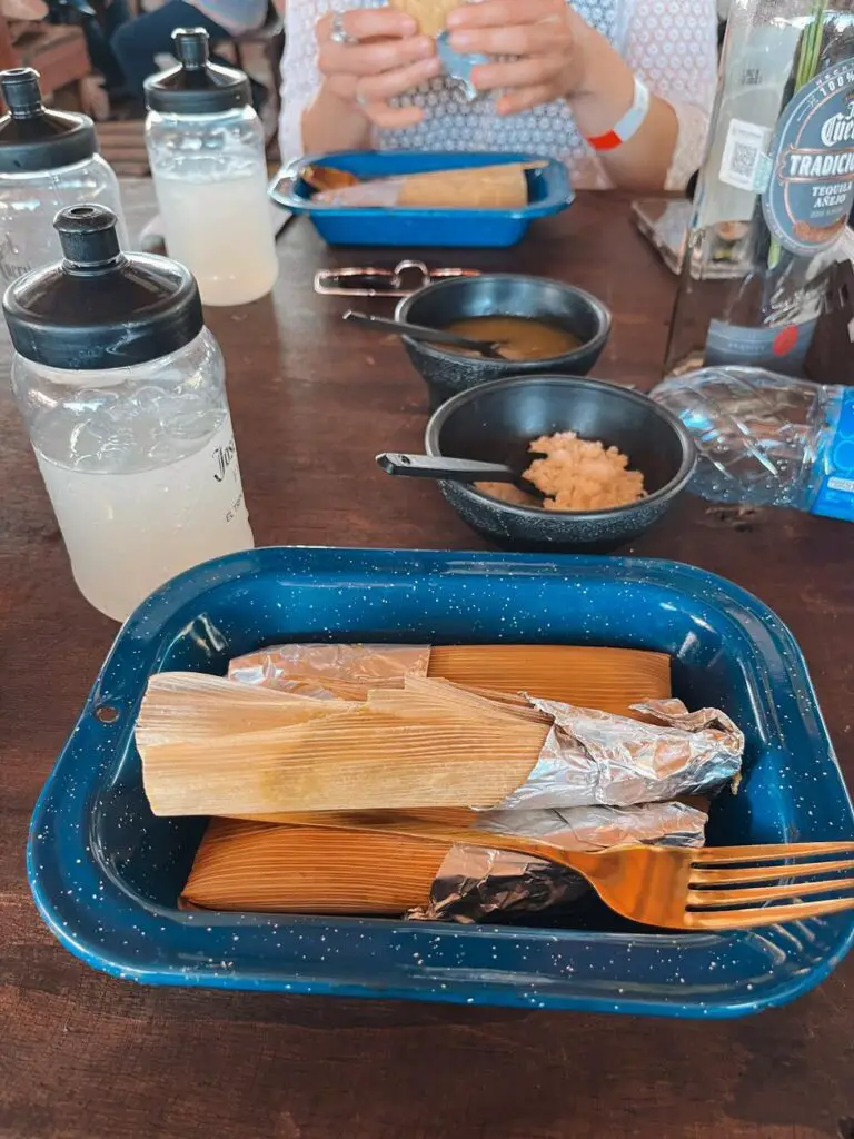 A rustic blue tray with foil-wrapped tamales and side dishes served during a meal on the Jose Cuervo Express tequila tour.