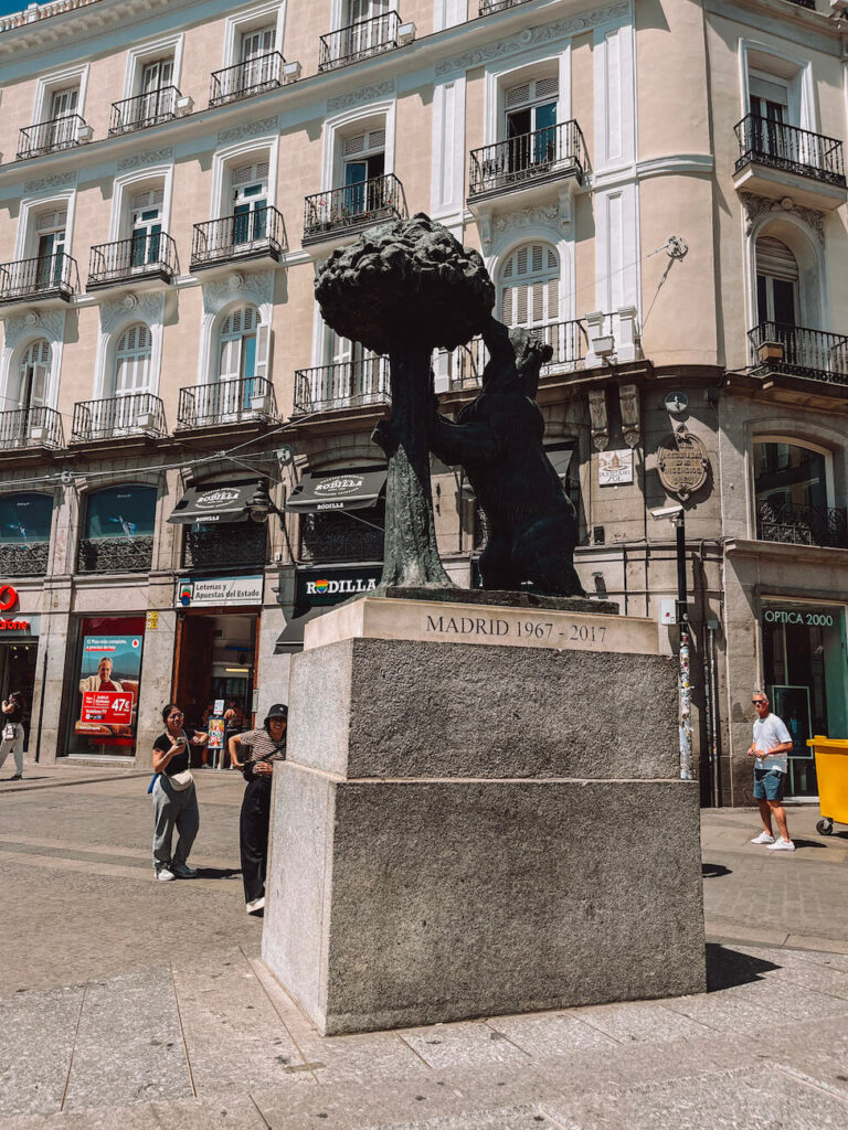 Statue of the Bear and the Strawberry Tree in Puerta del Sol, one of Madrid’s most iconic landmarks – a must-see stop for a first-time visit to Madrid.