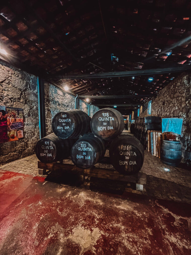Stack of wooden port wine barrels labeled "Quinta do Bom Dia" inside a dimly lit stone cellar – a traditional wine cellar experience during a Porto itinerary.