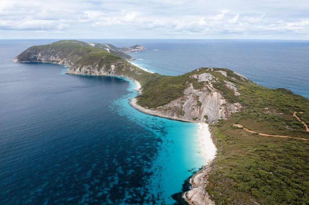 Aerial view of Albany’s rugged coastline with white sand beaches and turquoise water, a stunning stop for anyone planning 2 weeks in Australia exploring Western Australia.