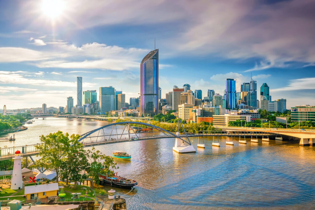 View of Brisbane city skyline and Story Bridge at sunset, a great stop to include on a 3 weeks in Australia trip along the east coast.