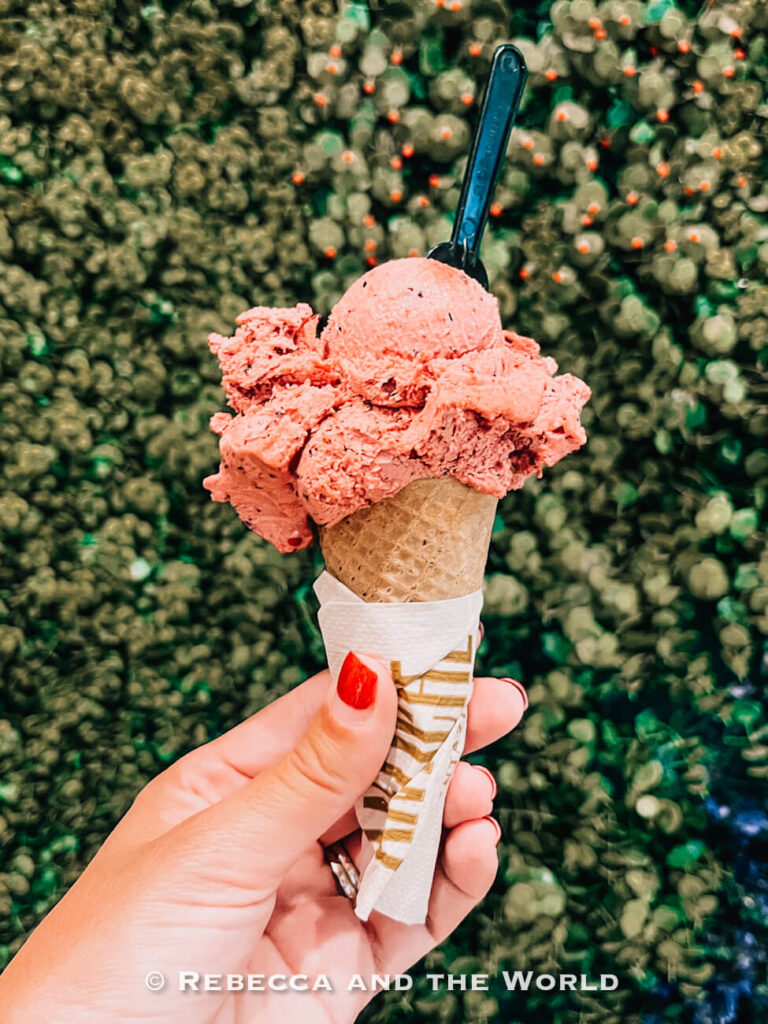 A hand holds a waffle cone topped with a large scoop of pink ice cream against a leafy green background. Treats like artisanal gelato are a small indulgence that can still fit into a reasonable Buenos Aires daily budget.