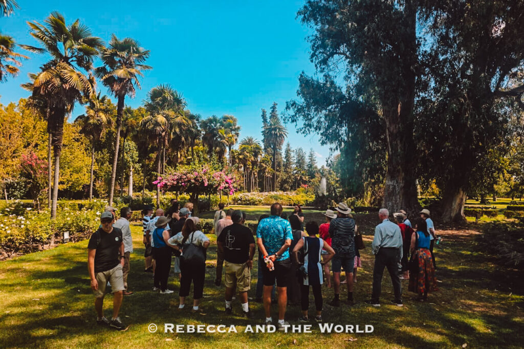 A group of visitors stands together in a lush garden filled with palm trees and flowering plants, listening to a guide during a Maipo Valley tour through a winery estate called Undurraga.