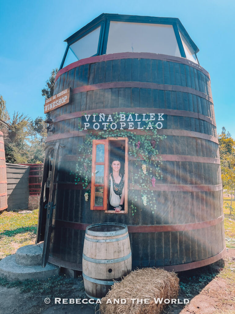 A small barrel-shaped building with a sign reading “Viña Balek Potopelão” features a person (the author) looking out the window, adding character to a Maipo Valley winery visit.