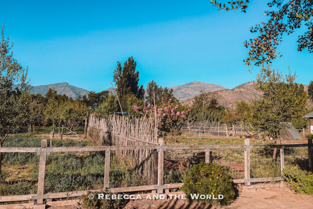 A rustic garden with wooden fencing and flowering plants sits in front of rolling hills and mountains, illustrating the scenic landscapes you’ll see when traveling from Santiago to Maipo Valley.