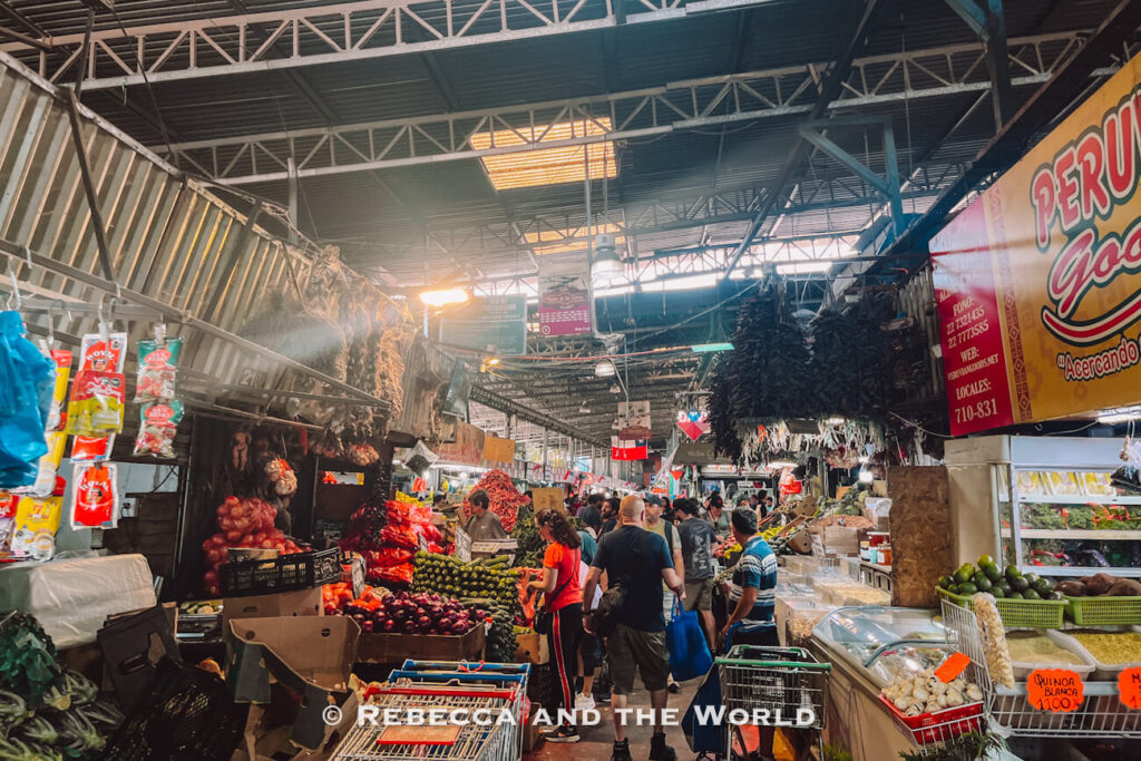 Busy indoor market aisle filled with produce stalls and shoppers, capturing the lively atmosphere of a Santiago market food tour and the diversity of traditional Chilean food.