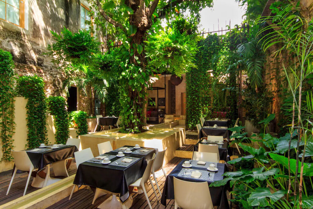 An open-air courtyard restaurant is filled with lush greenery, stone walls and neatly arranged dining tables beneath a large central tree, a hidden gem in this Cartagena travel guide.