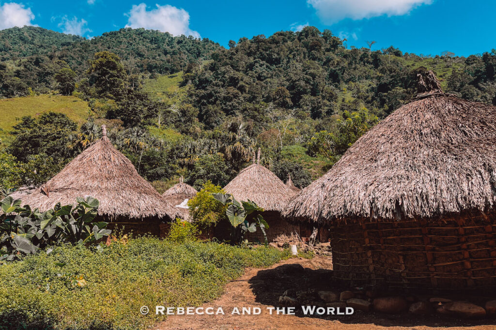 Traditional Indigenous huts with thatched roofs surrounded by tropical greenery and mountains in a village near Ciudad Perdida.