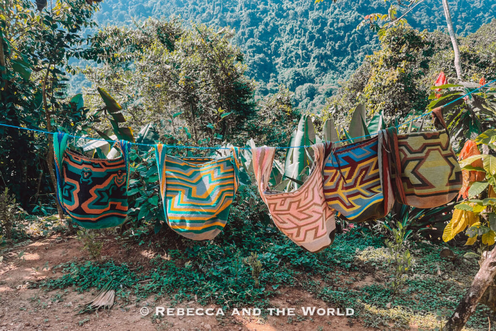 Several colorful woven shoulder bags hang on a clothesline outdoors, with tropical greenery and mountains in the background.