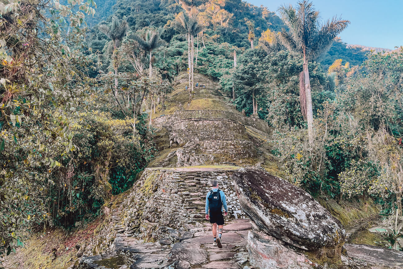 A person with a backpack walks along a narrow stone pathway and terraces surrounded by dense tropical forest and tall palm trees in a mountainous landscape.