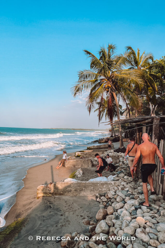 Several people walk along a rocky section of shoreline lined with palm trees and beach structures. Waves wash against the narrow strip of sand below, while others sit enjoying the ocean views. Exploring the coastline is one of the most popular things to do in Palomino.
