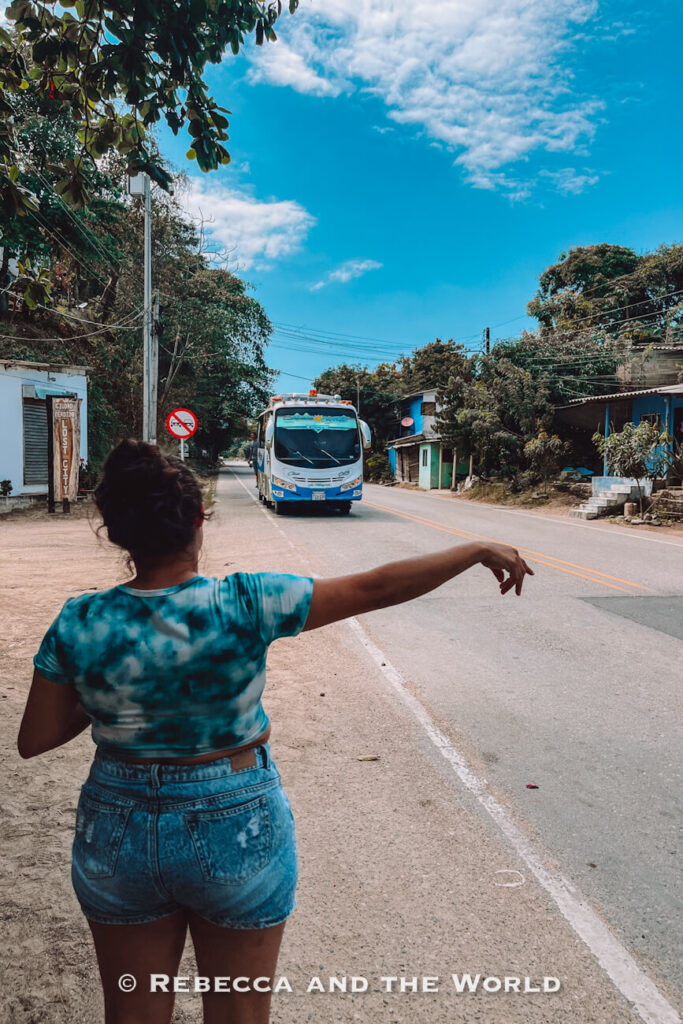 A woman stands beside a roadside highway, extending her arm toward an approaching bus. Small buildings and tropical vegetation line the road under a bright blue sky. Using public transportation is a common part of a budget-friendly Palomino itinerary.