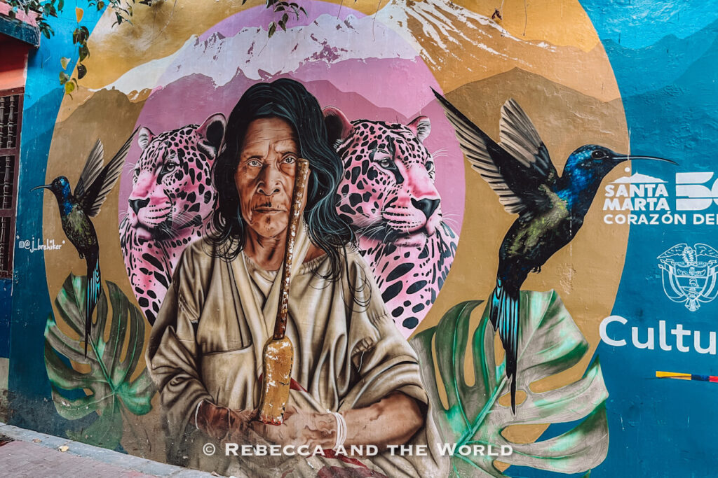 A detailed mural depicts an Indigenous elder holding a wooden staff, flanked by pink jaguars and colorful hummingbirds. Large tropical leaves and mountain imagery create a vibrant backdrop on the wall. Admiring local street art is a memorable stop on a Santa Marta itinerary.