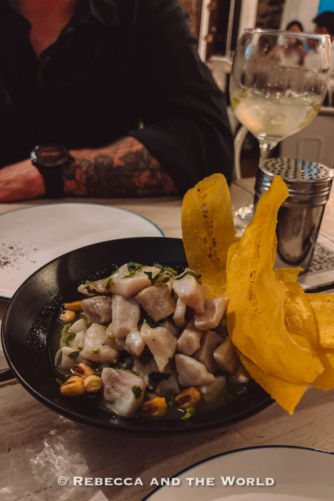 A black bowl filled with fresh fish ceviche is topped with herbs and accompanied by roasted peanuts and crisp plantain chips. A glass of white wine and a diner seated at the table create an intimate restaurant atmosphere. Trying Caribbean seafood dishes is a delicious answer to what to do in Santa Marta.