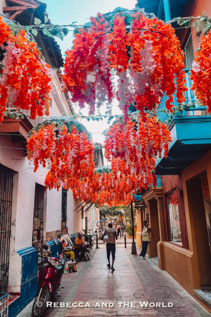 Bright orange, pink, and red hanging flower arrangements are suspended above a narrow colonial street. A few pedestrians walk beneath the vibrant display, while colorful façades and small businesses line both sides of the alley. Finding artistic streets like this is a popular answer to what to do in Santa Marta.
