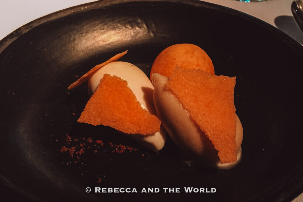 Dark ceramic dessert bowl holding two scoops of ice cream or mousse topped with crisp caramel-colored wafers. The minimalist plating and moody lighting create an upscale dining atmosphere, reflecting where to eat in Buenos Aires for fine dining and inventive desserts.