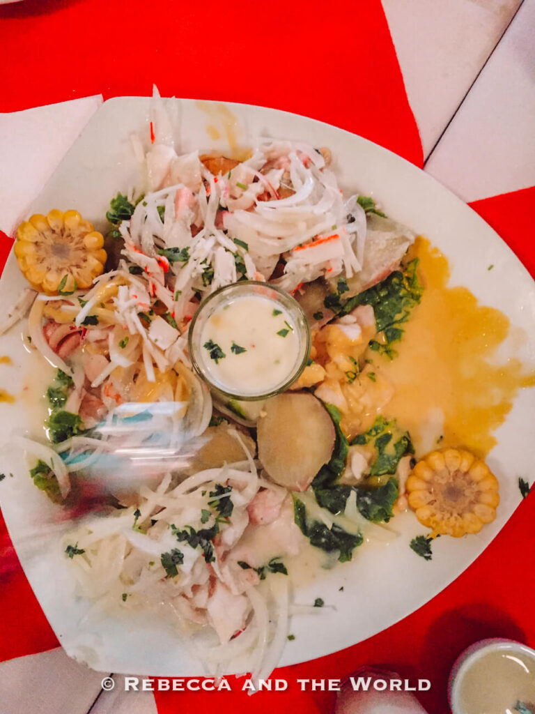 Close-up of a plated ceviche dish topped with sliced onions, seafood, herbs, and pieces of corn, served with a small glass of creamy sauce in the center. The red-and-white table setting adds contrast to the fresh seafood dish, showcasing where to eat in Buenos Aires for vibrant Latin American flavours.
