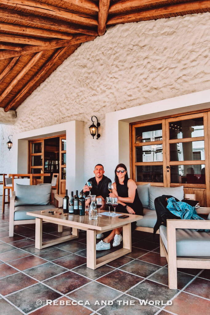Two people (the author of this article and her husband) seated on an outdoor covered terrace with wooden beams, tiled floors, and cushioned lounge furniture, holding wine glasses beside several opened bottles and tasting notes on the table. Enjoying Mendoza wine tasting in a relaxed winery setting.