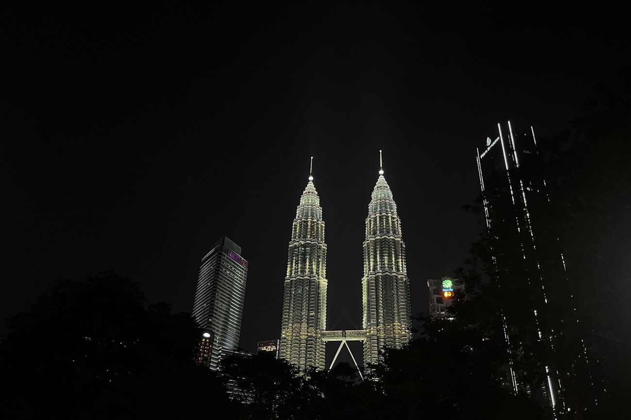 The illuminated Petronas Twin Towers rise above dark trees and surrounding skyscrapers in the Kuala Lumpur skyline at night. Their bright twin spires and connecting skybridge stand out against the black sky, making the landmark a memorable evening sight during 2 days in Kuala Lumpur.