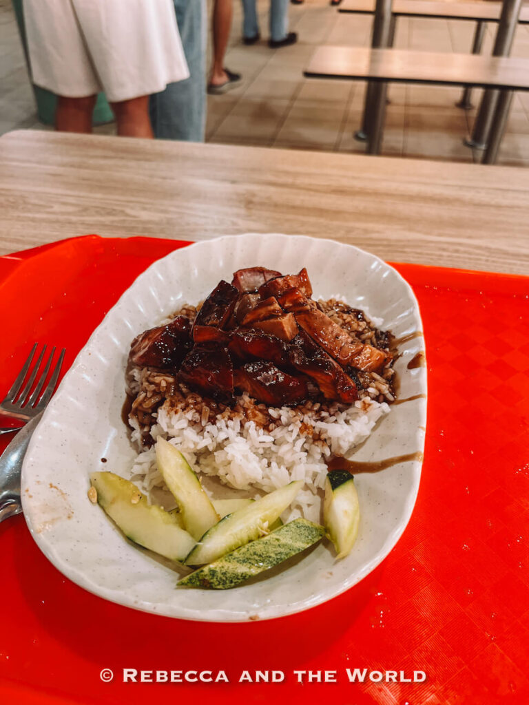 Plate of char siu rice topped with glazed roast pork and dark sauce, served with sliced cucumber at Tiong Bahru Food Centre.