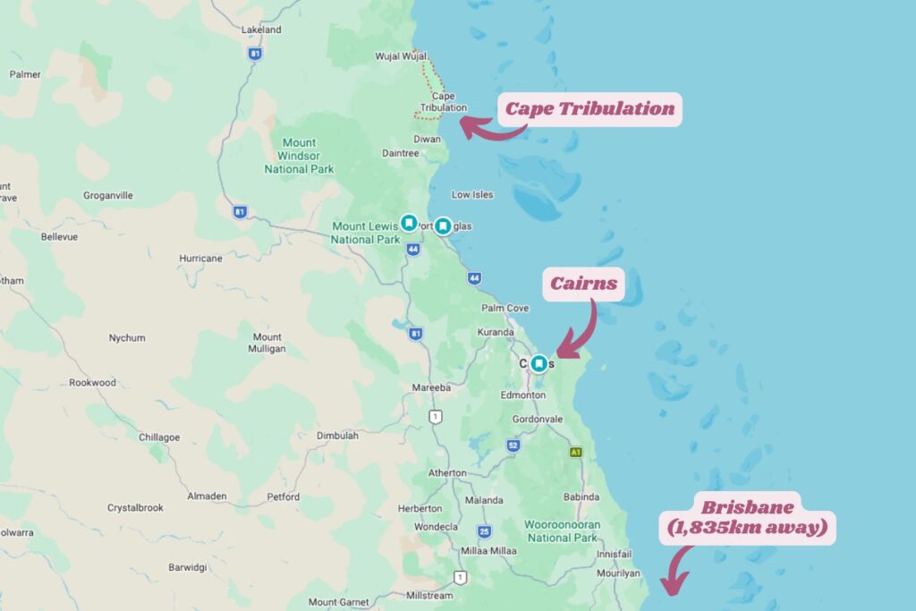 Map showing the location of Cape Tribulation in comparison to Cairns and Brisbane